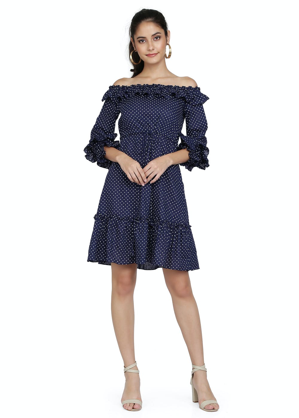 Blue Off Shoulder Polka Dots Printed Dress