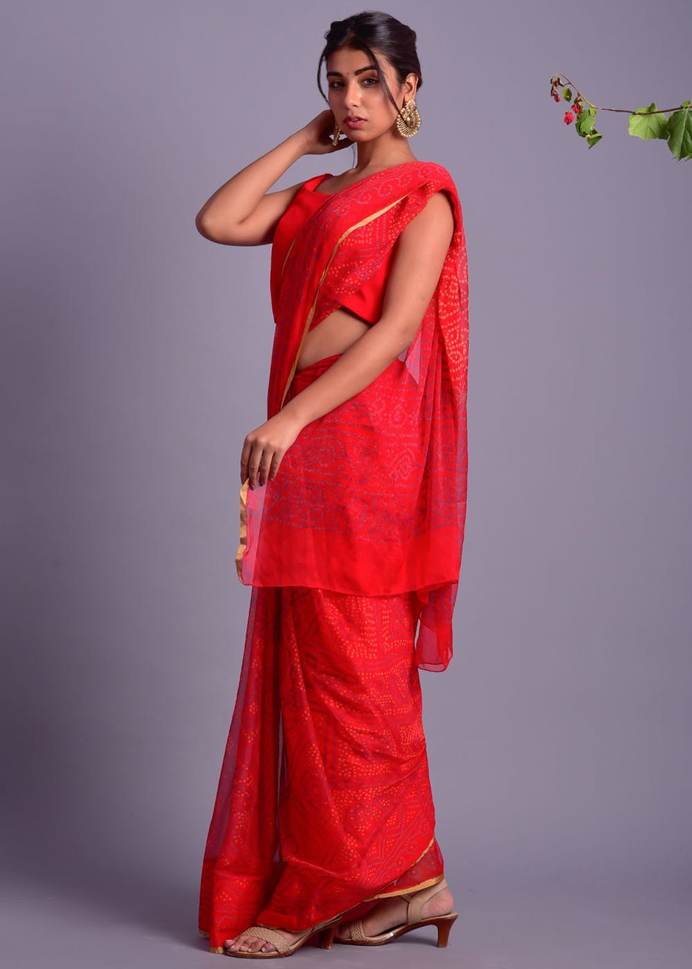 Get Bandhani Printed Chiffon Saree With Gold Trim At 2800 Lbb Shop