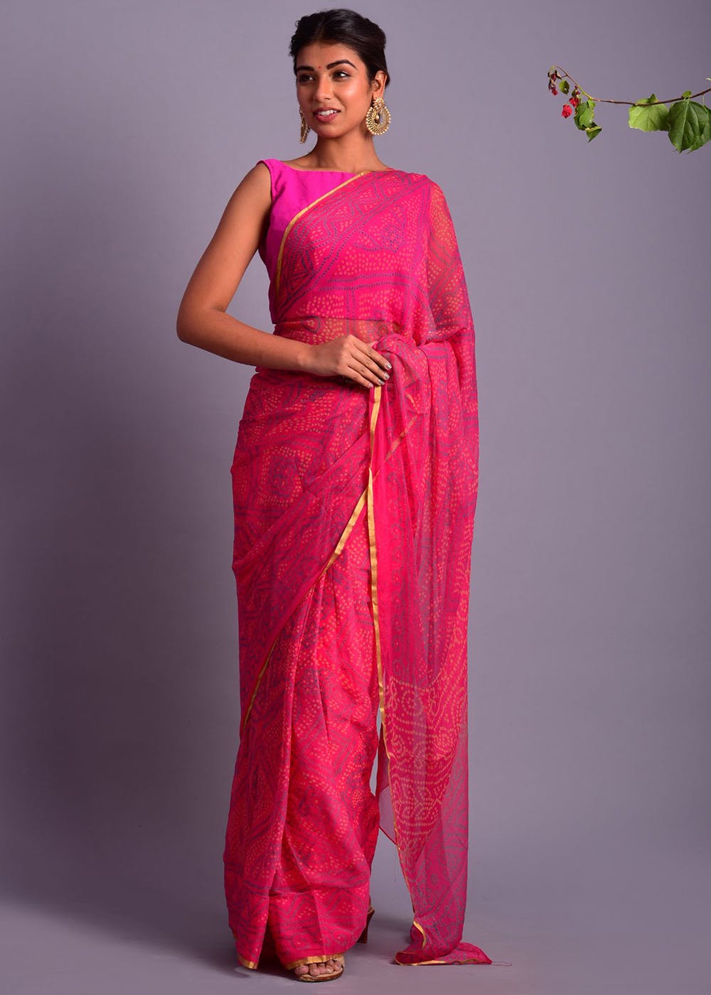 Bandhani Printed Chiffon Saree With Gold Trim - Pink