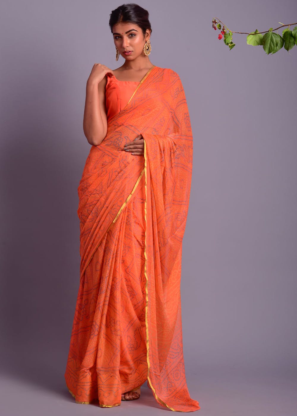 Bandhani Printed Chiffon Saree With Gold Trim - Orange