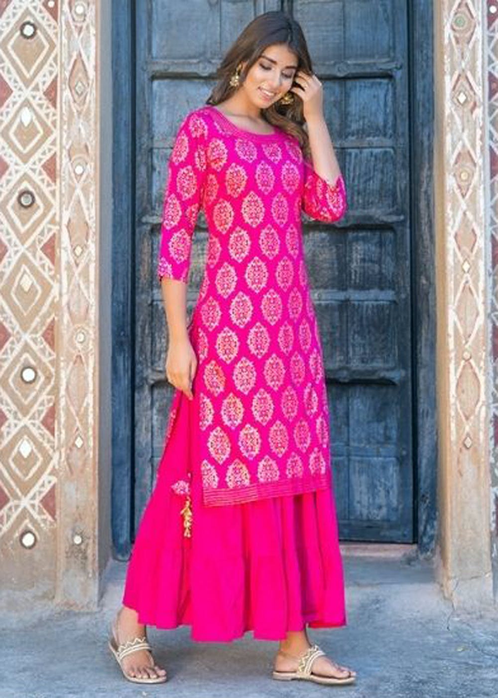 Rani Pink Viscose Georgette Chikankari Anarkali Kurta With Pant And Dupatta  Set - PinkSaree