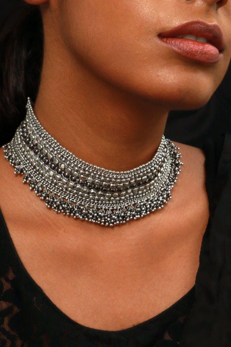 Handcrafted Silver Bead Thread & Chain Choker