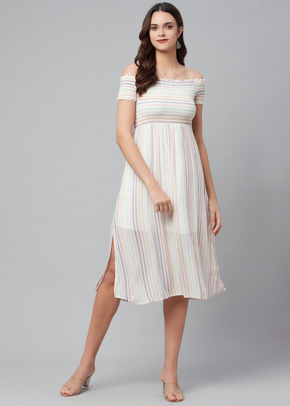 Buy Women Yellow Striped Strappy Off Shoulder Dress  Date Night Dress  Online India  FabAlley