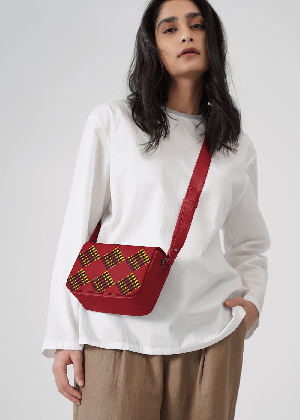 Red Striped Checks Sol Box Shoulder Bag