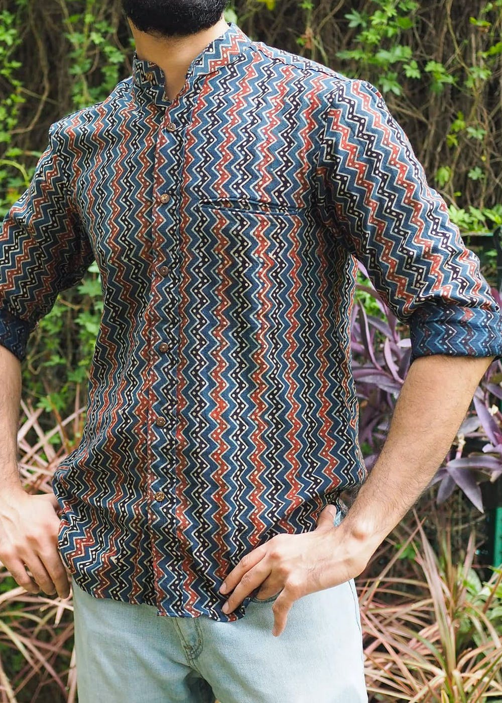 Get Chevron Ajrakh Printed Kithiawari Indigo Shirt at ₹ 2299 | LBB Shop