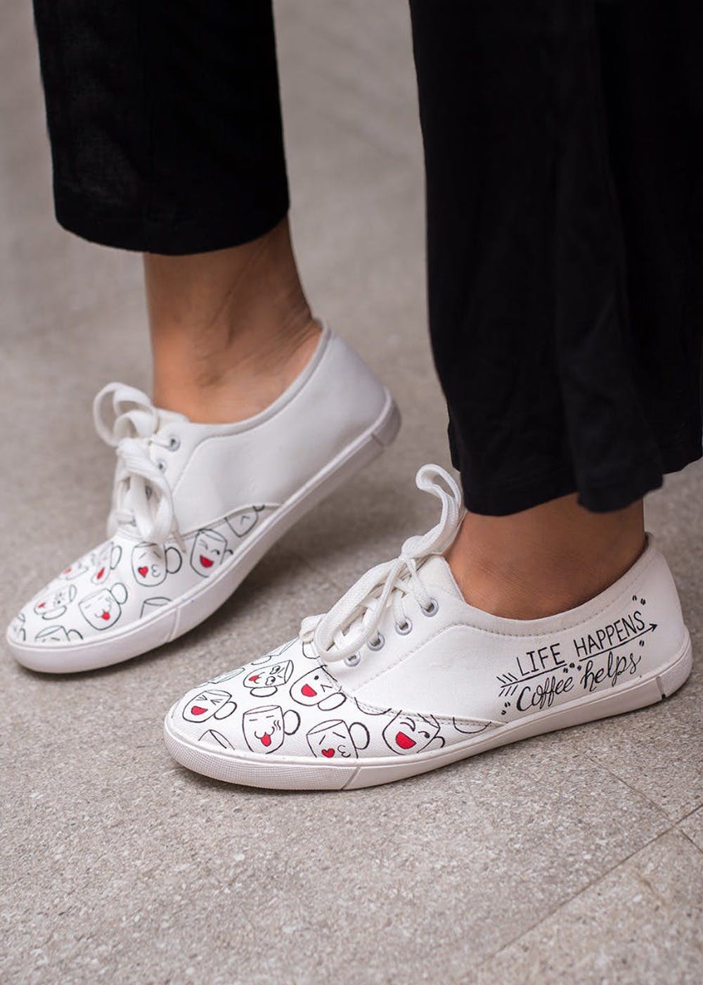 Coffee Cup Print White Sneakers