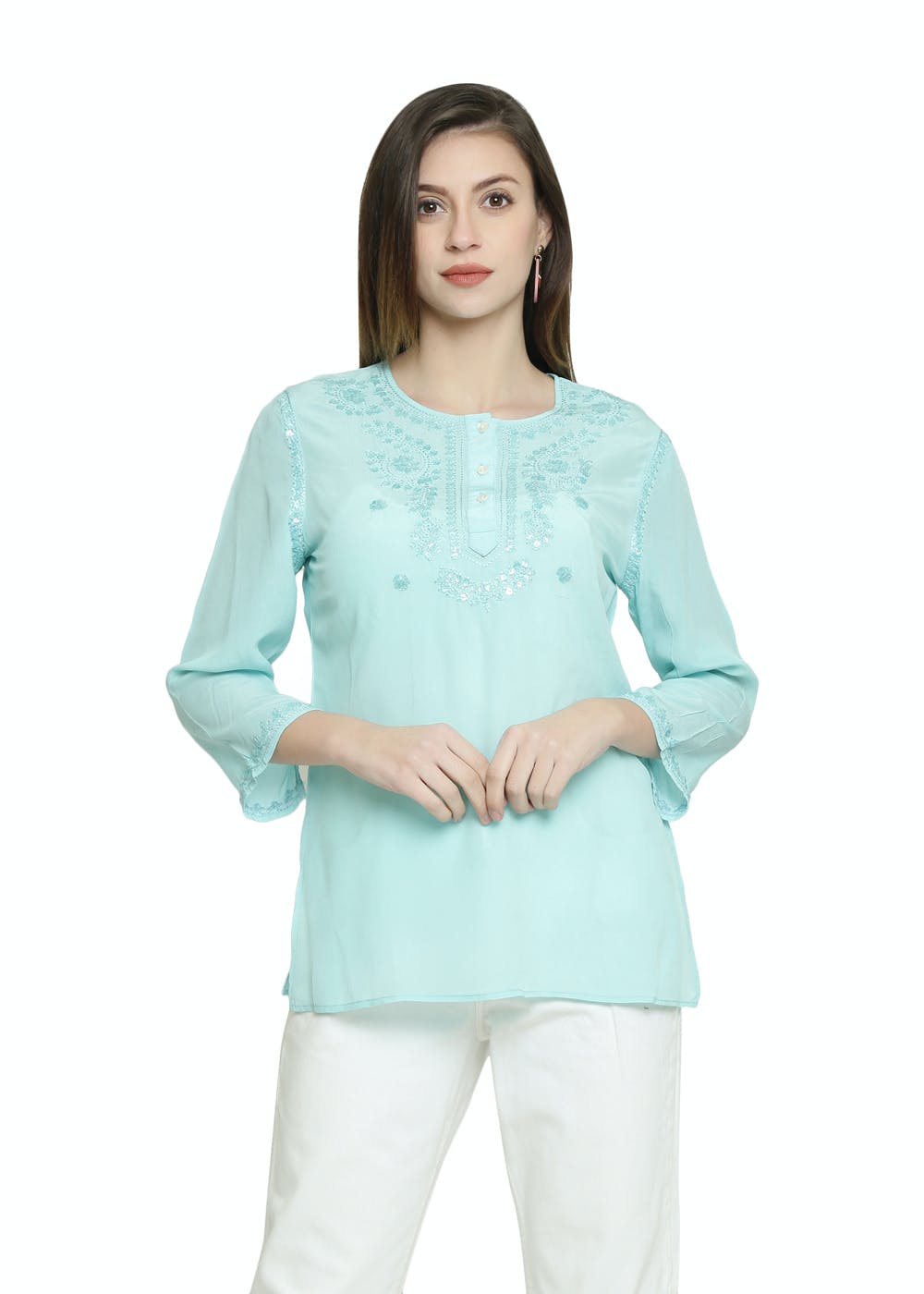 Get Round Neck Chikankari Blue Kurti at ₹ 626 | LBB Shop