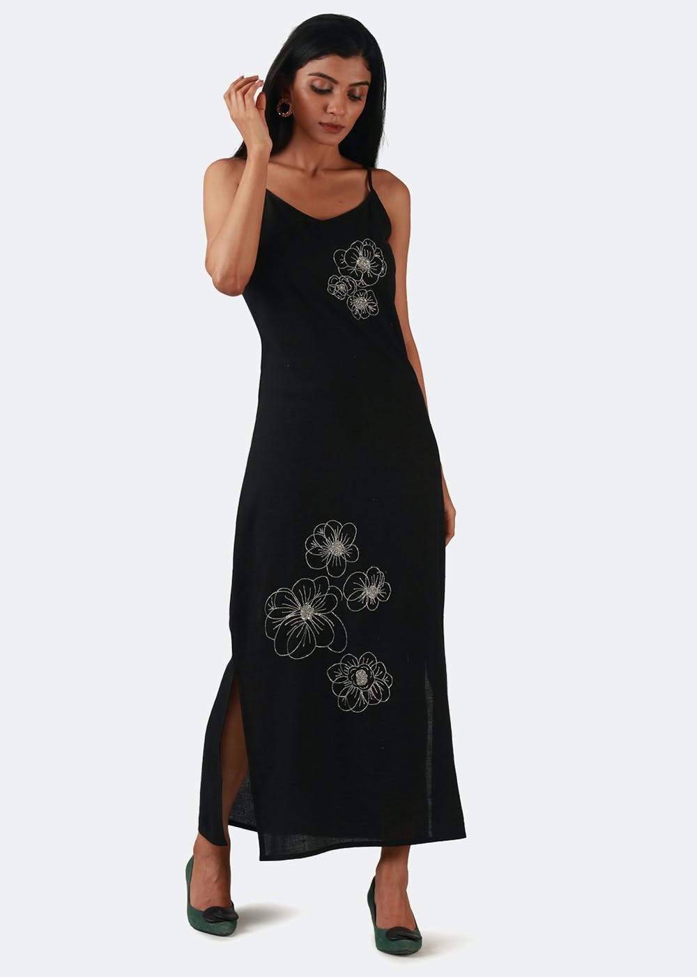 Scattered Big Floral Detail Black Strappy Dress