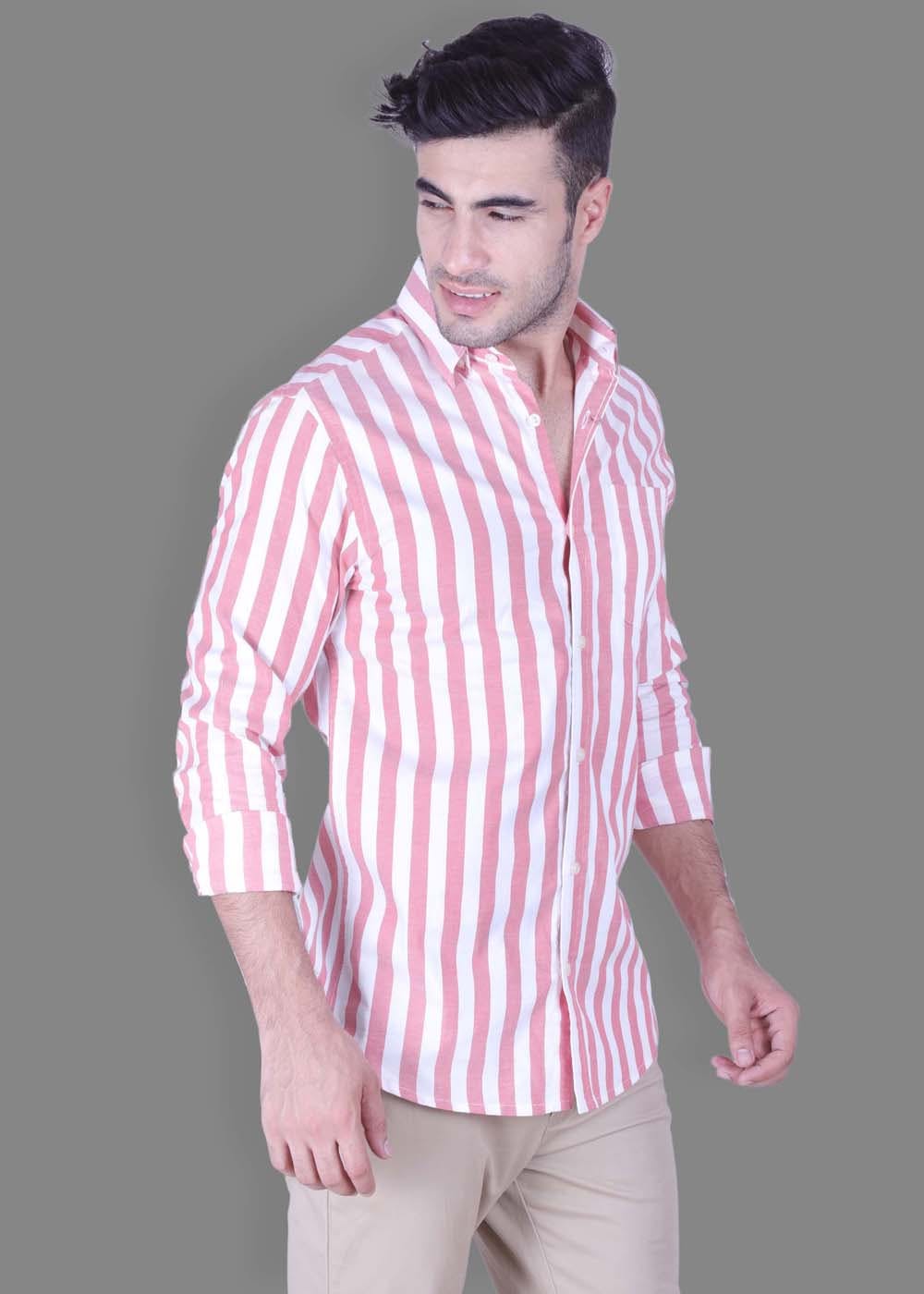 pink and white vertical striped shirt