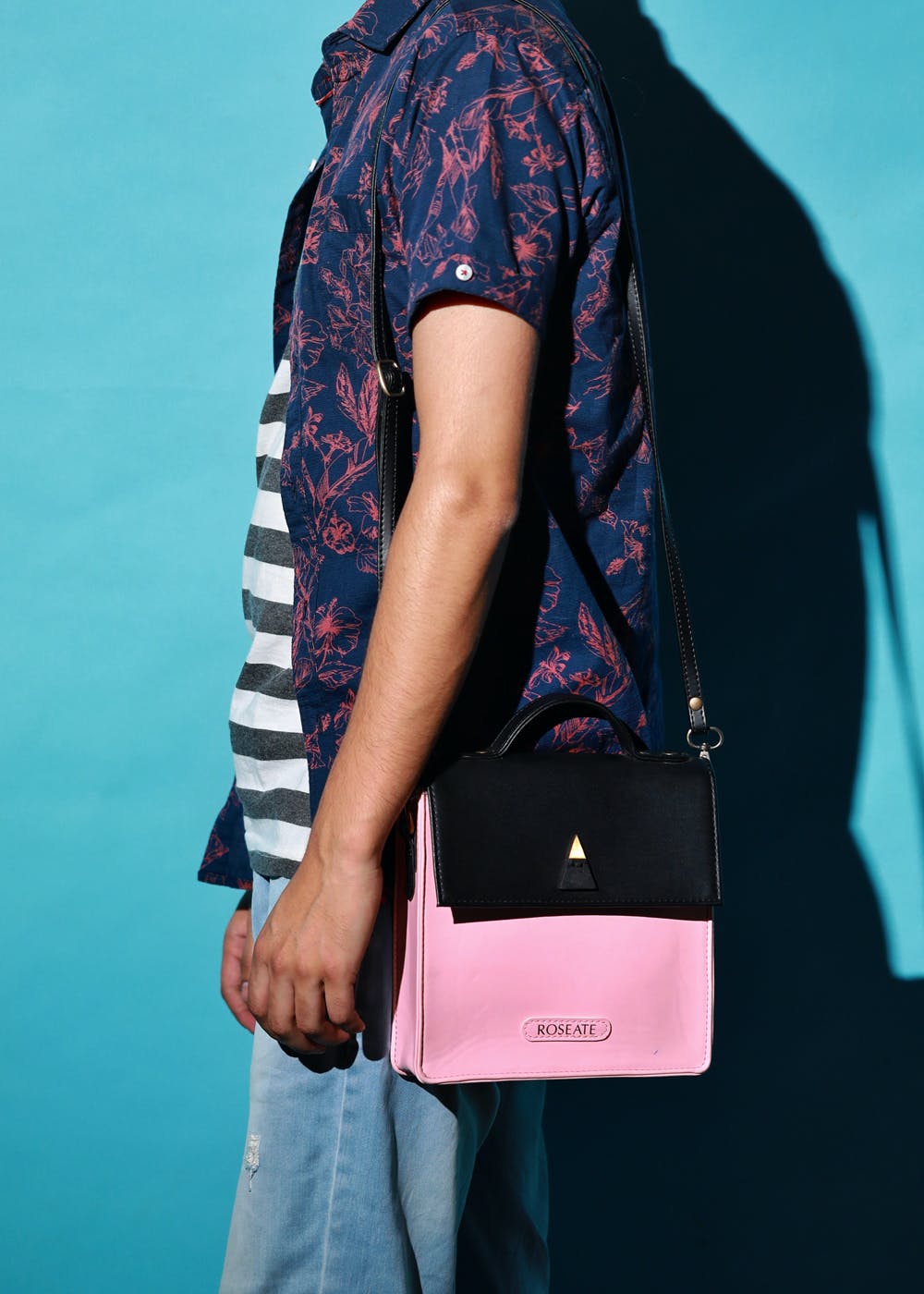 Black & Pastel Pink Top Handle Fabric Bag
