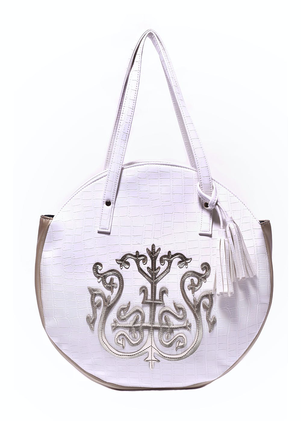 Croc Textured Embroidered White Tote Bag