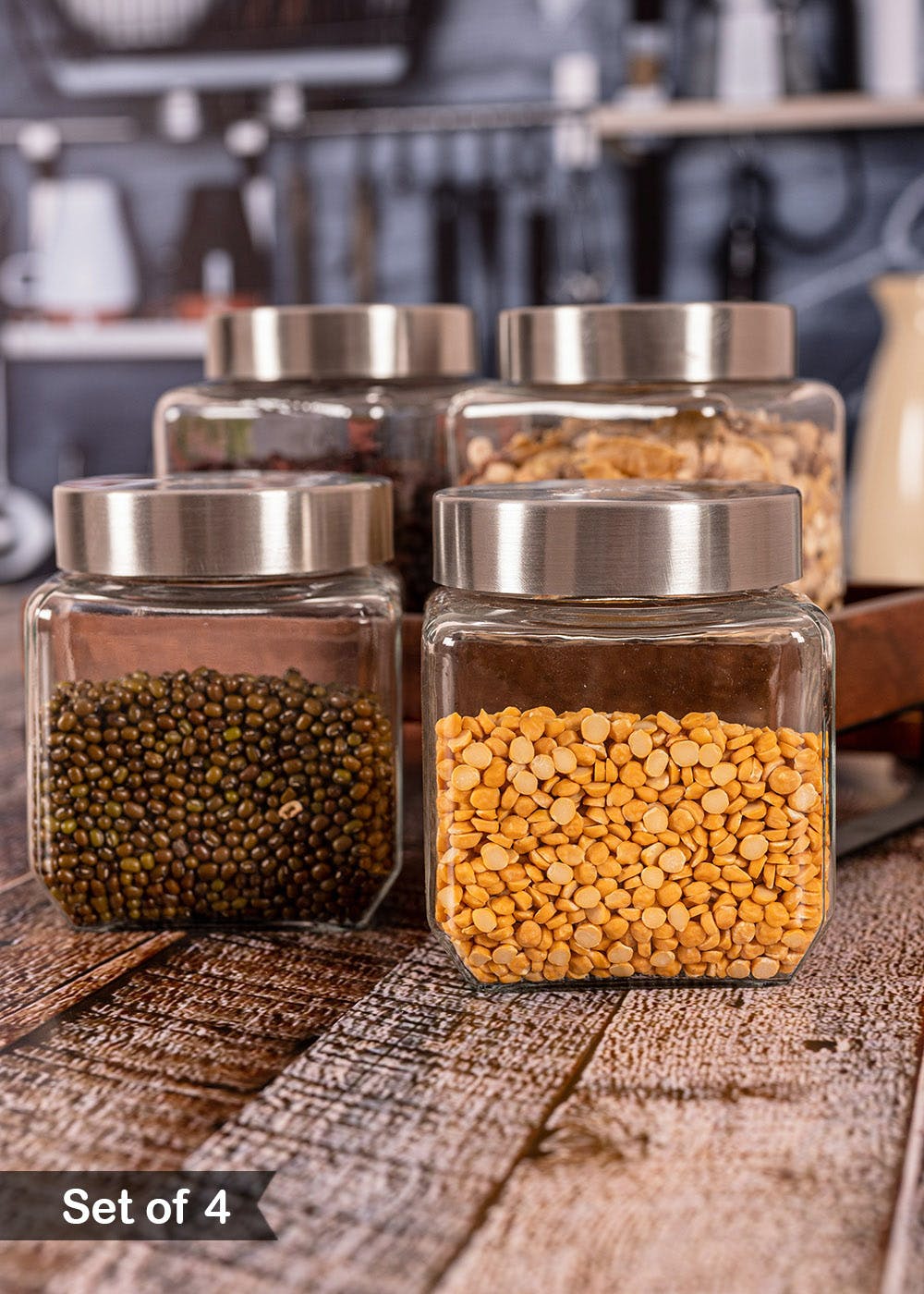 Get Glass Storage Square Jar With Silver Lid Set Of 4 at ₹ 847 LBB Shop