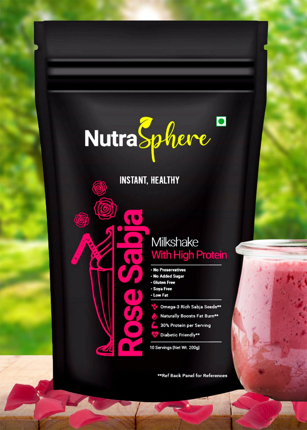 Instant Rose Sabja Natural Fat Burner MilkShake Mix (High Protein, Sugar Free)- 200gm, 10 Servings