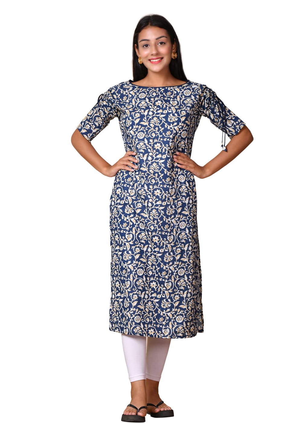 Get Elbow Sleeve Tie Detail Blue Floral Printed Kurta at ₹ 399 | LBB Shop
