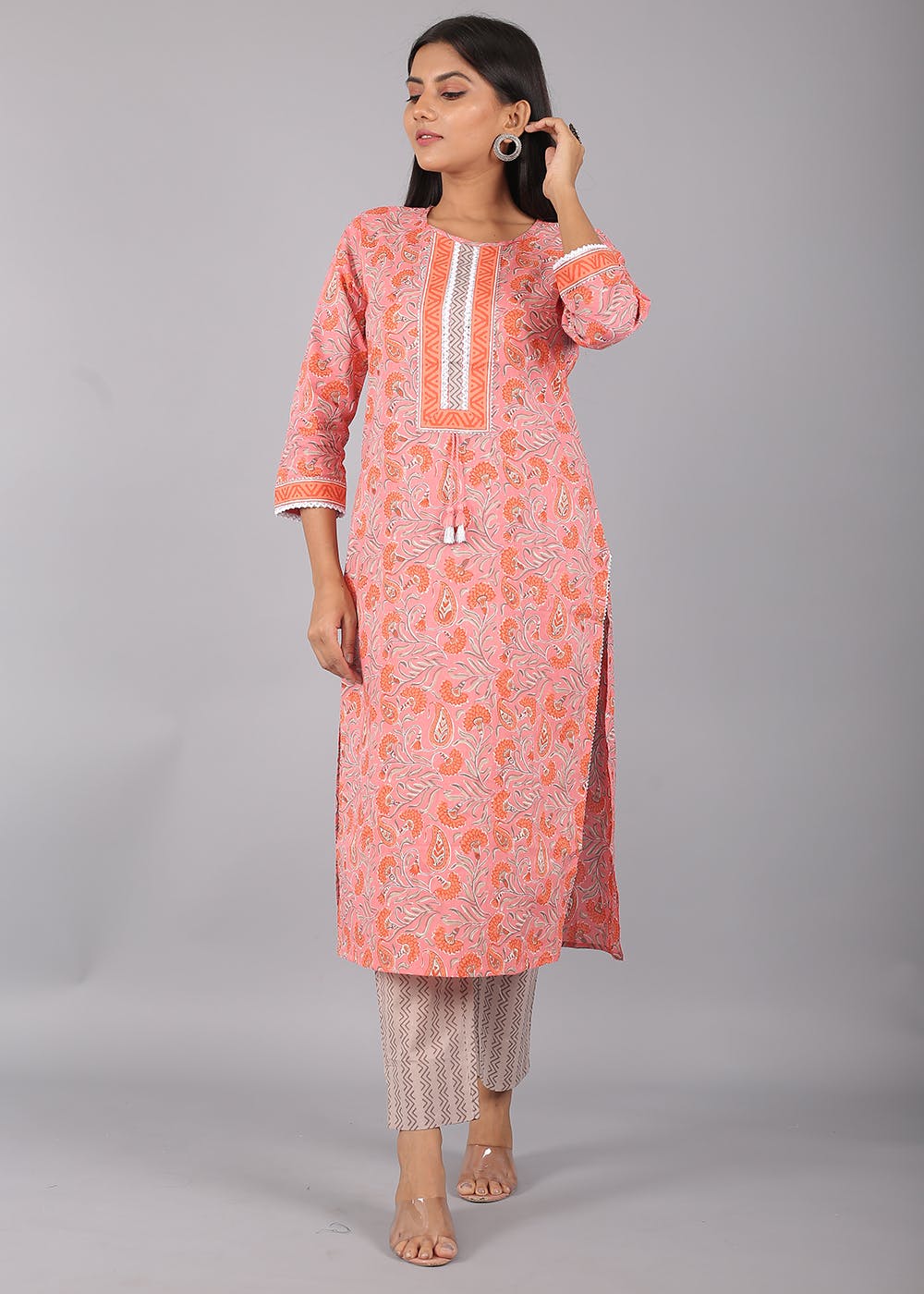 Orange And Pink Embroidered Kurti Pant Set With Dupatta – Apparel Designer