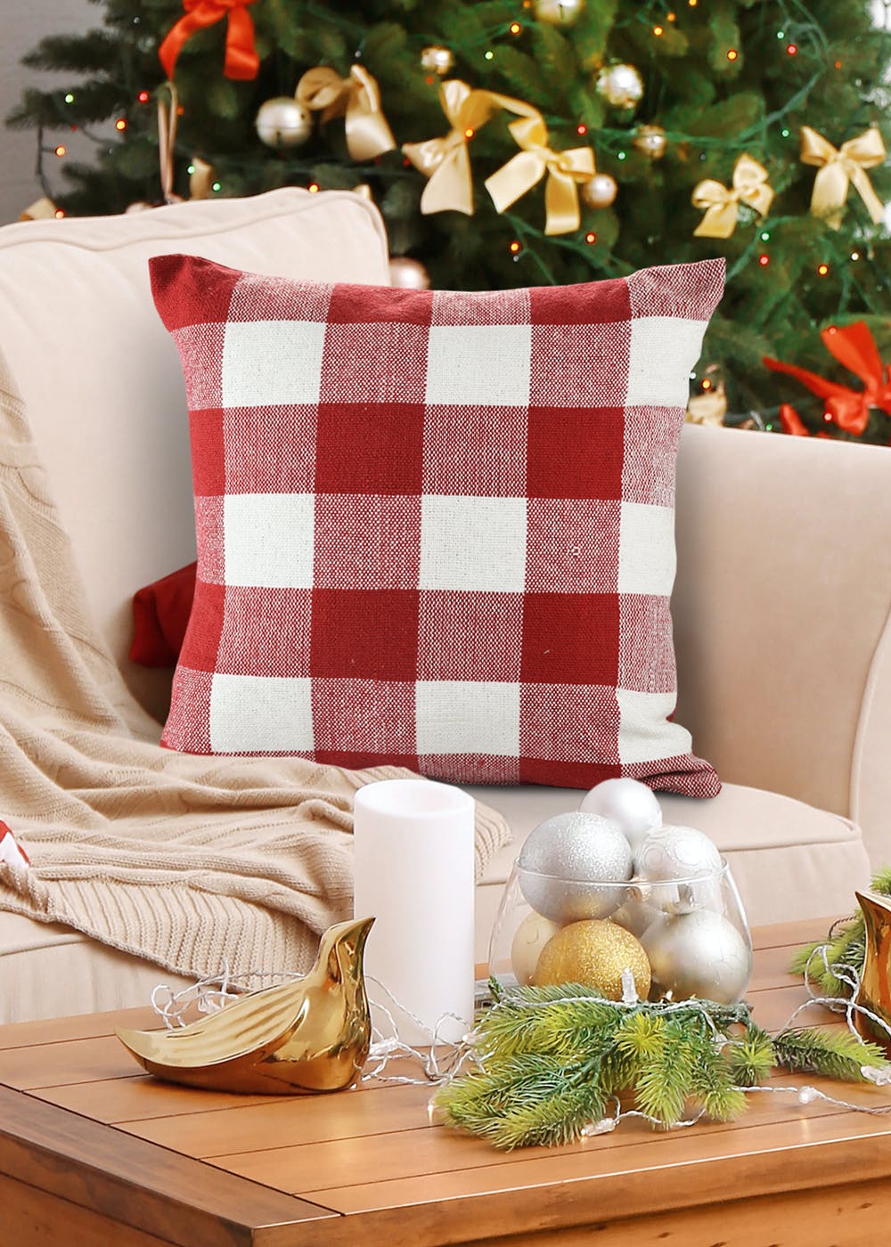 Get Red Check Cushion with Filler at ₹ 950 LBB Shop