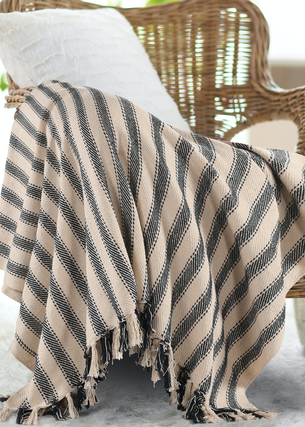 Get Green Striped Sofa Throw with Tasseled Edges at ₹ 1199 | LBB Shop