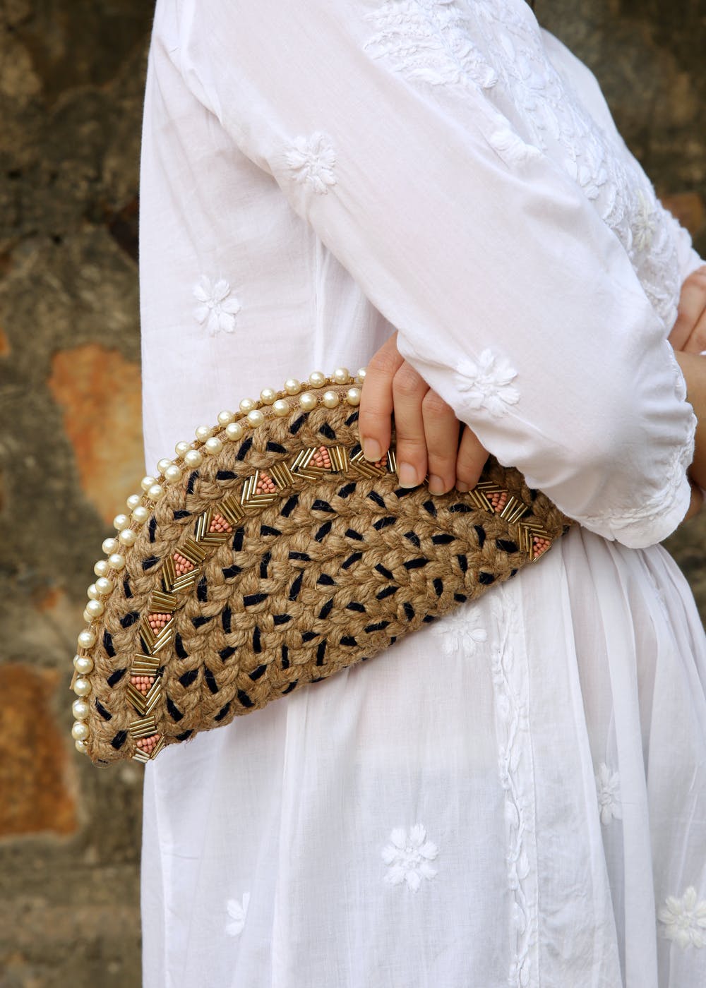 Handcrafted Bead Sequin Embellished Half Moon Clutch