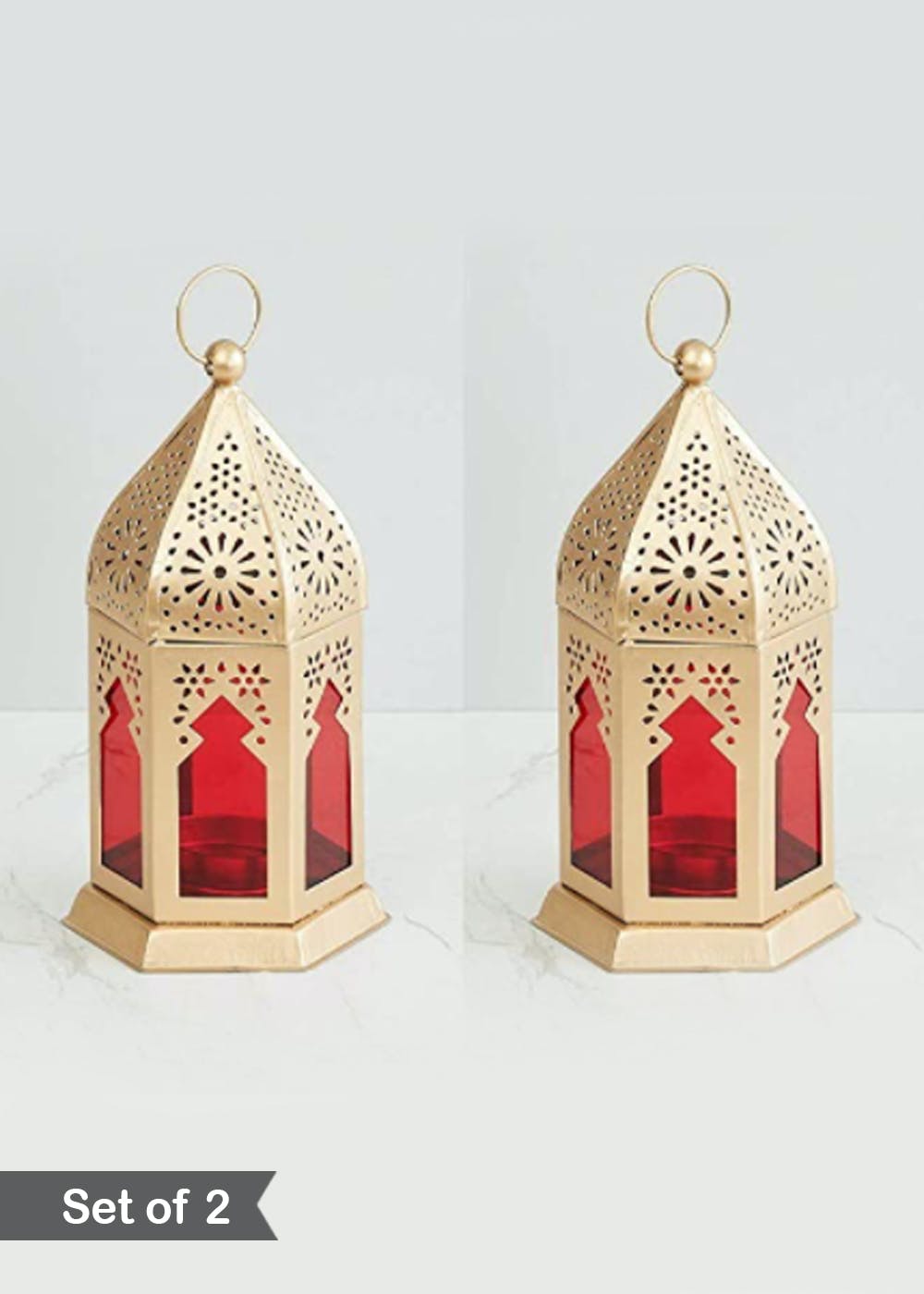 Antique Tealight Golden Color Lantern With Red Glass -Set Of 2