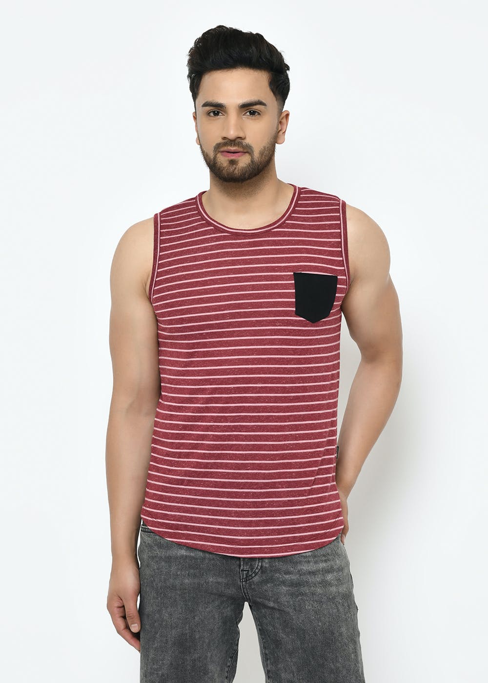 Get Patch Pocket Detail Striped Pink Sleeveless TShirt at ₹ 419 LBB Shop