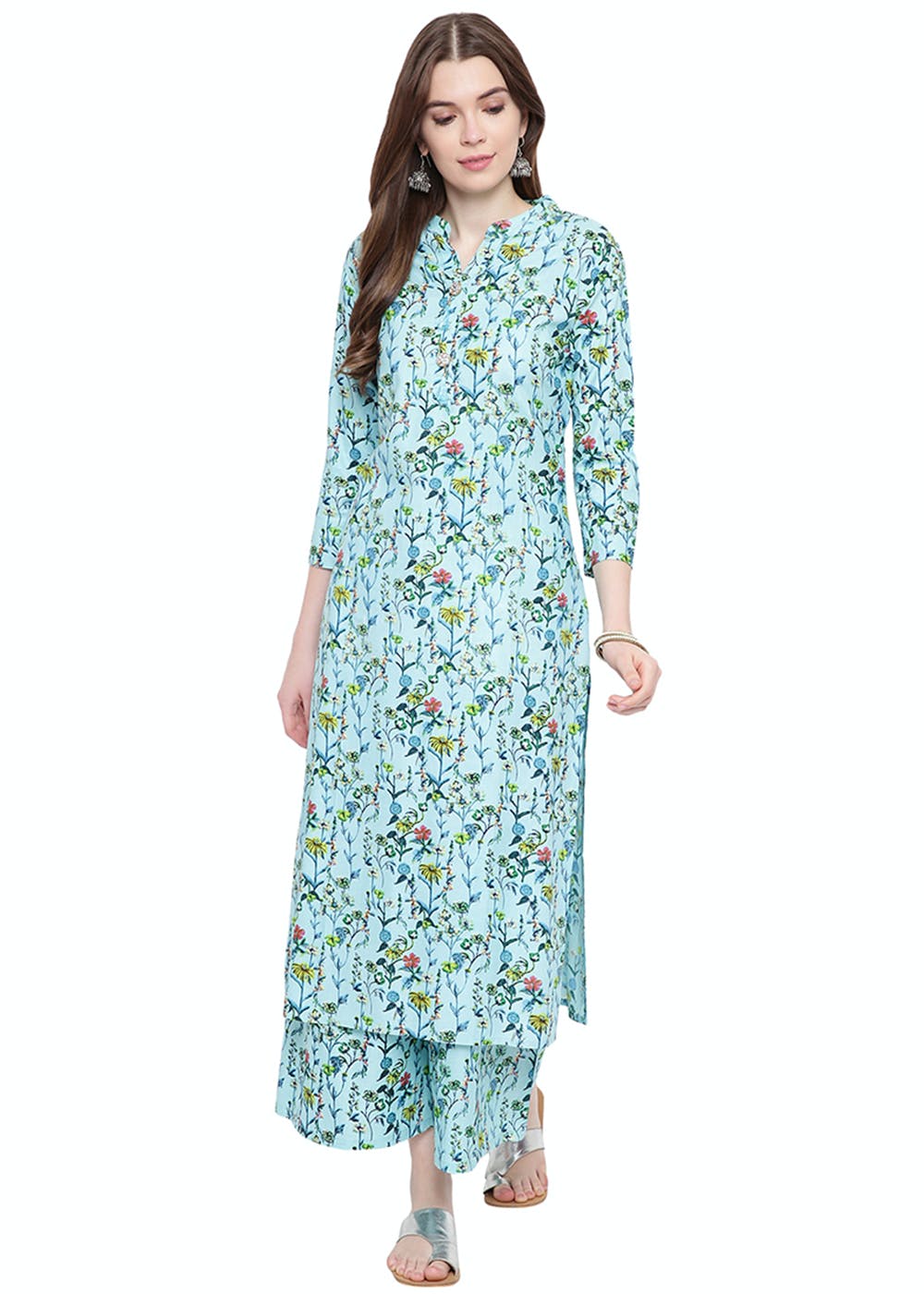 Peach Printed Mandarin Collared Kurta Set With Straight Pant