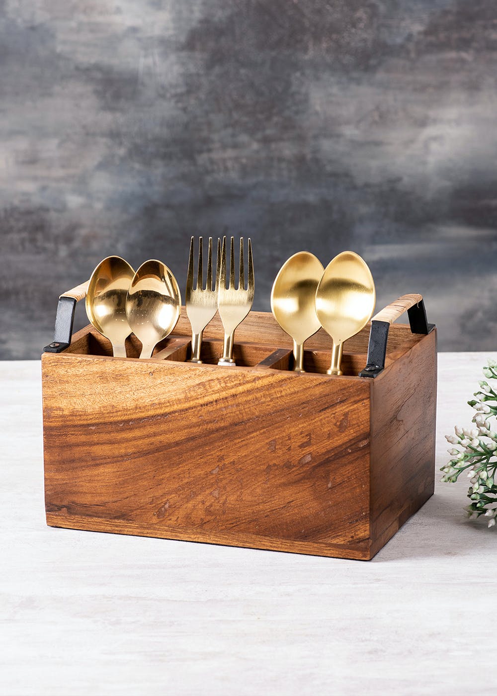 Get Teak Wood Cutlery Holder with Cane for Kitchen at ₹ 1895 LBB Shop