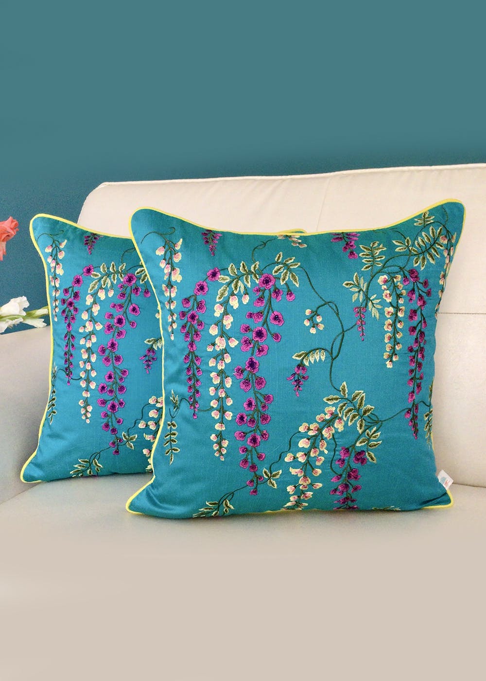 Get Embroidered Cushion Covers Set Of 2 16 X 16 Inches Wisteria