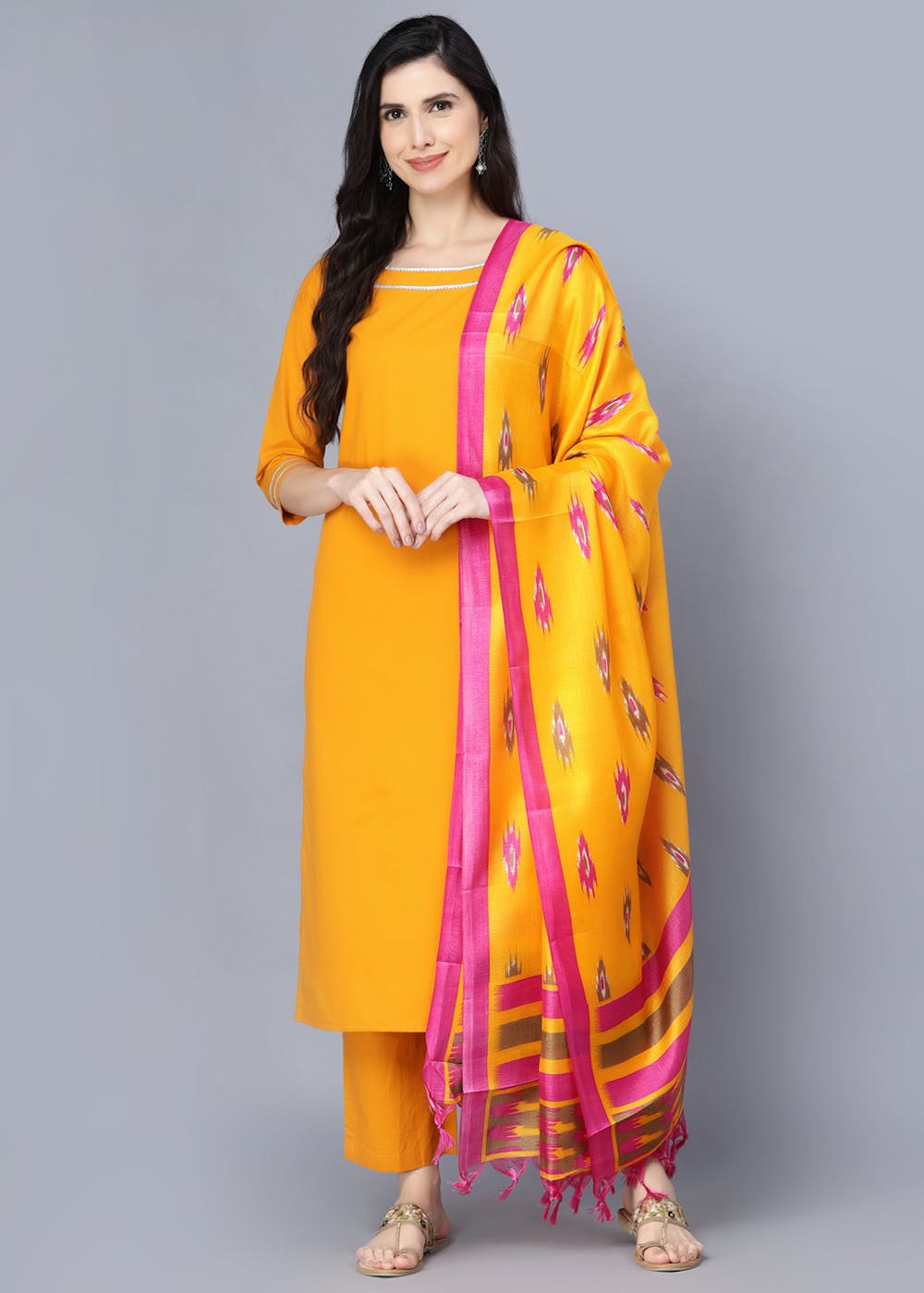 Get Women Mustard Yellow Pure Cotton Kurta with Trousers With Dupatta ...