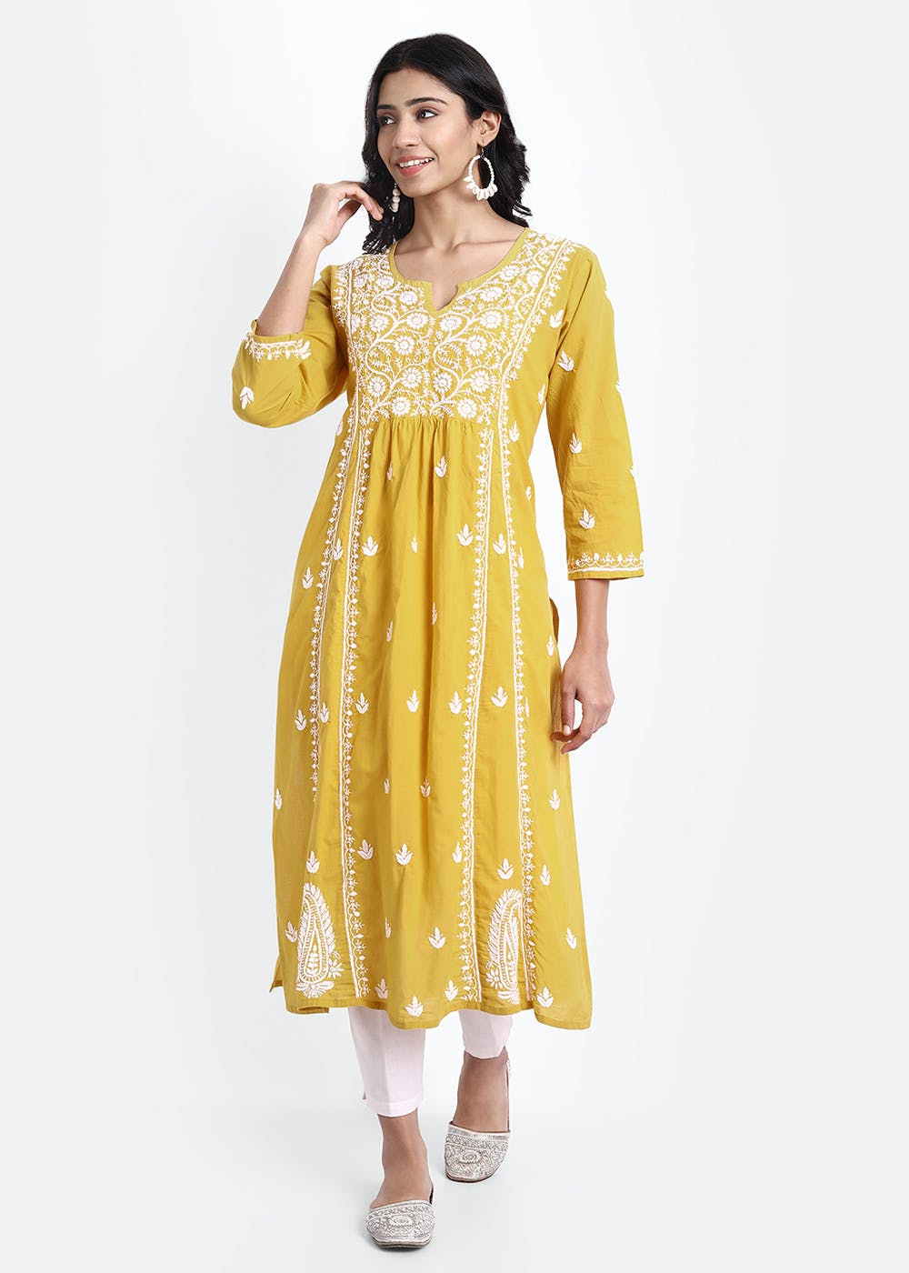 Get Yellow Hand Embroidery Floral Chikankari Kurta at ₹ 2300 | LBB Shop