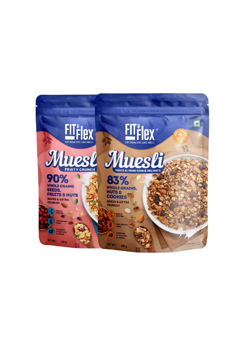 Healthy Muesli | Baked & Extra Crunchy | 420 Gm Each | Choco Almond + Fruity Crunch | Low Added Sugar | Zero Cholesterol | High In Protein