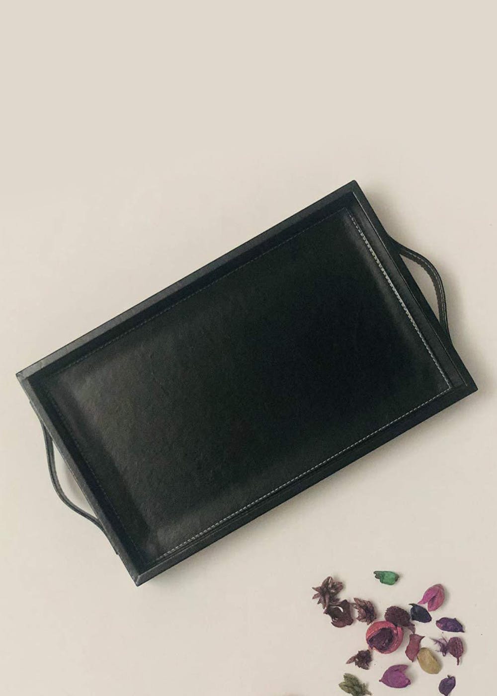 Get Black Serving Premium Leather Tray In MDF Wood With Handles at