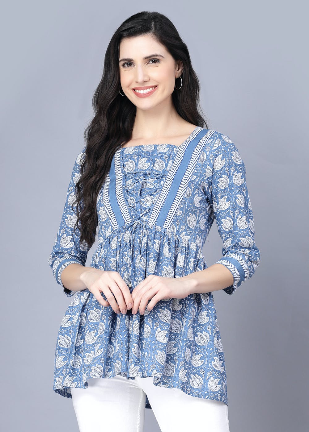 Get Cotton Printed 3/4 Sleeve Square Neck Blue Women Top at ₹ 2499 ...