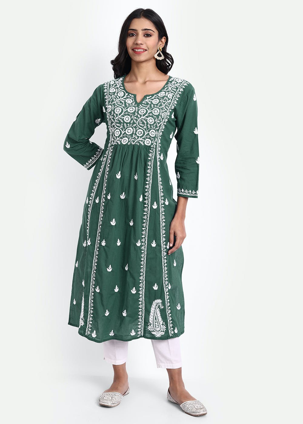 Get Hand Embroidered Chikankari Green Cotton Kurta at ₹ 2300 | LBB Shop