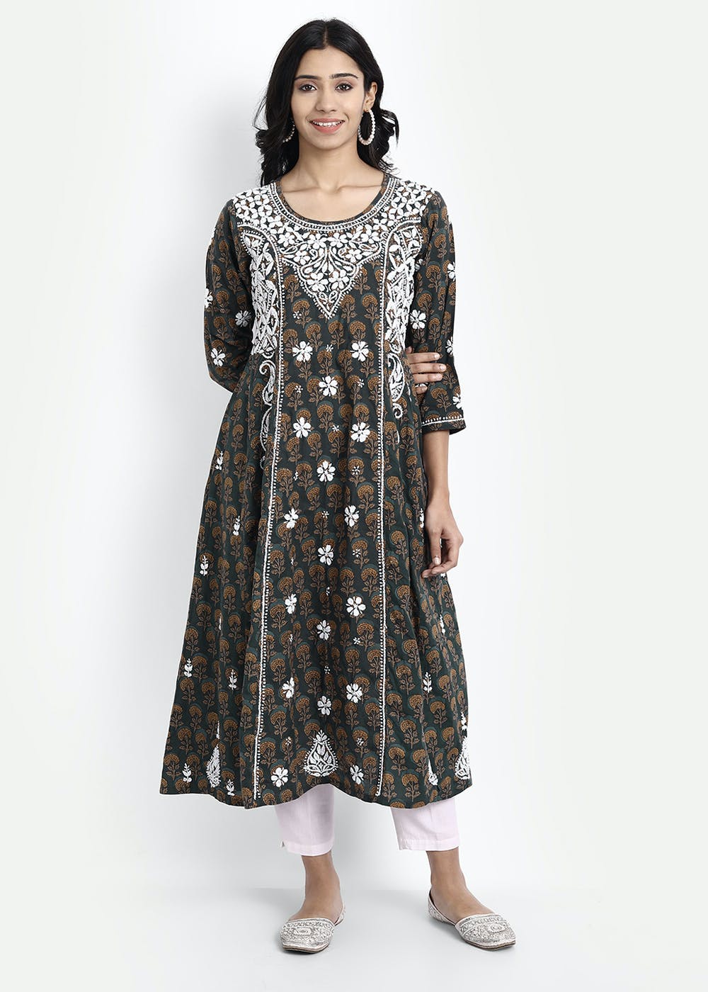 Get Multicoloured Hand Embroidery Chikankari Cotton Midi A Line Kurta