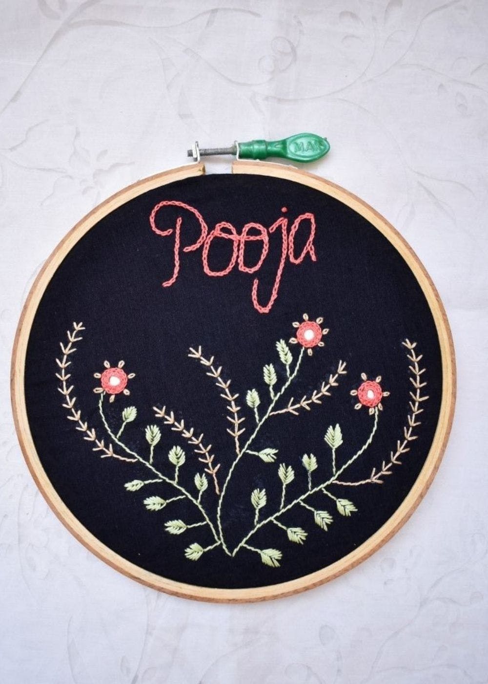 Initial & Floral embroidery Black hoop wall hanging
