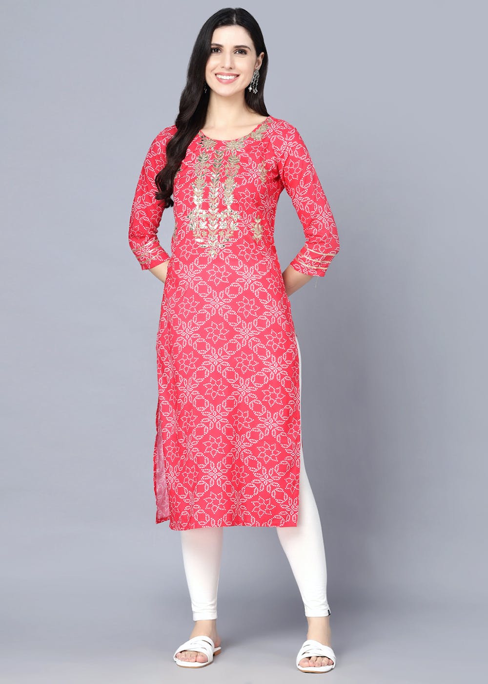 Pink Floral Printed Kurta With Mandarin Collar & 3/4 Sleeves
