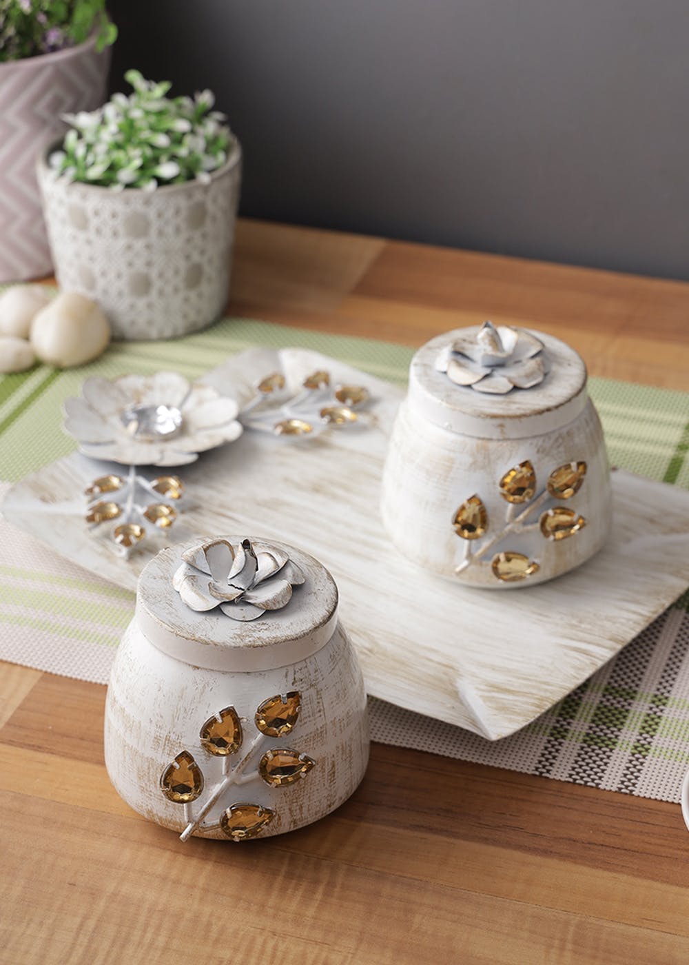 White and Golden Tray with Two Jars