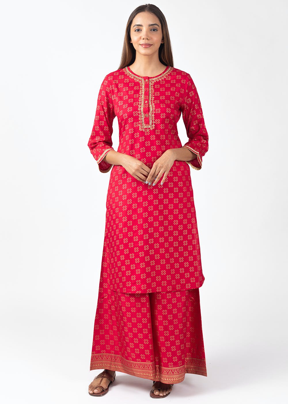 Women Pink Viscose Rayon Solid Straight Kurta Palazzos With Dupatta Set
