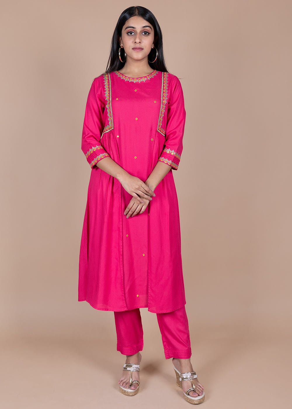 Get Pink Embroidered A-Line Kurti With Narrow Pant at ₹ 1999 | LBB Shop