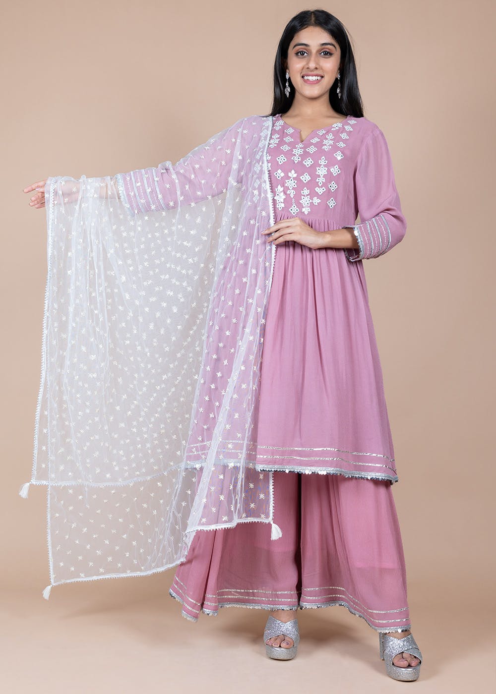 Kurti Style Embroidered Lavender Palazzo Suit