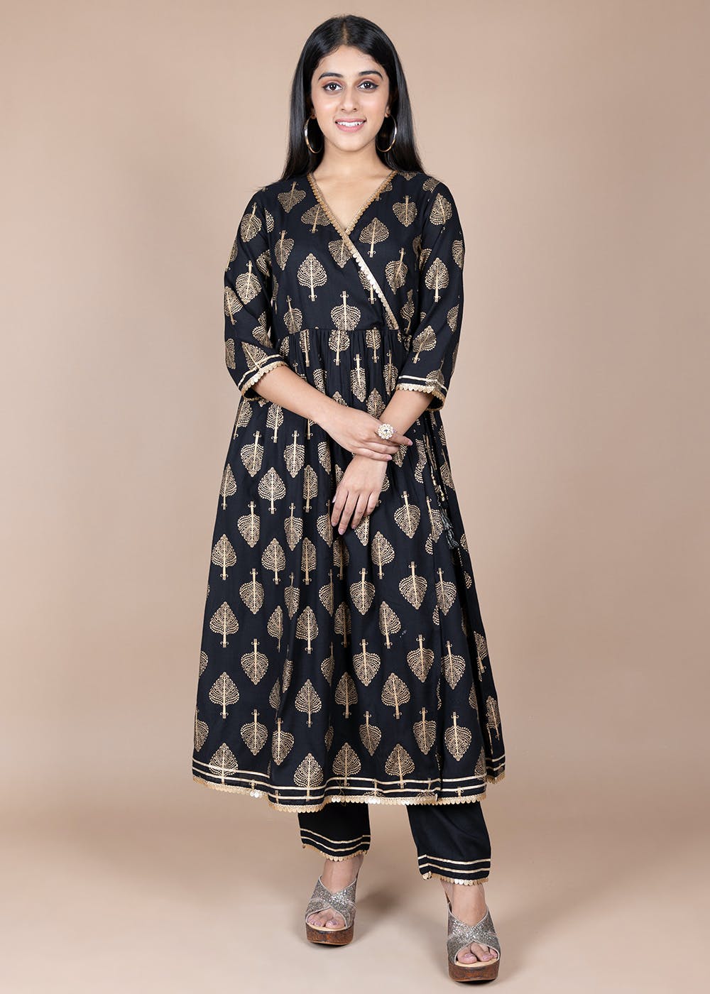 Women Olive Cotton Hand Embroidered & floral jaal Printed Angarkha style Anarkali Kurta with Pant & coordinated Dupatta