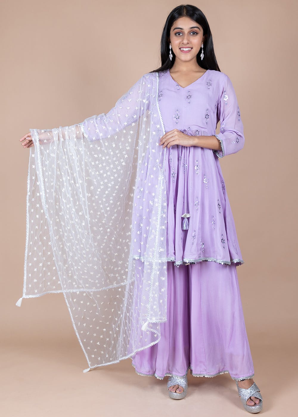 Get Lavender Embroidered Flared Kurti With Mid-Cut And Flared Palazo ...