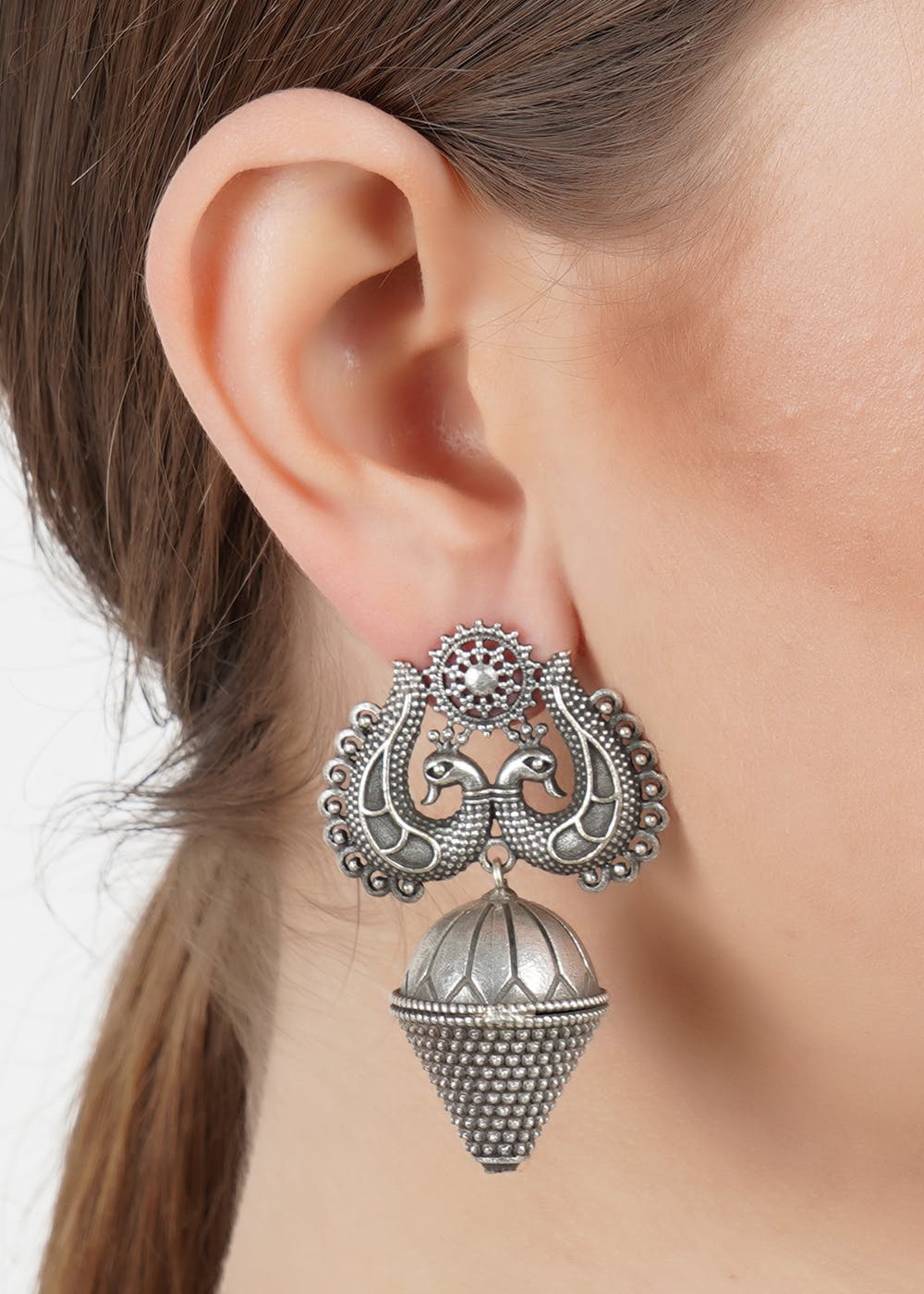 Dual Peacock Embellished Oxidized Silver Drop Earrings