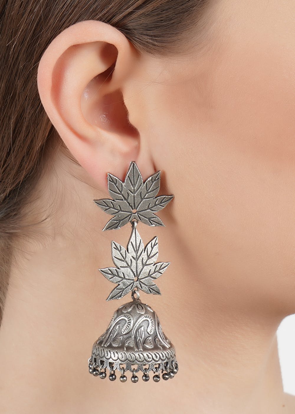 Textured Leaf Silver Drop Earrings