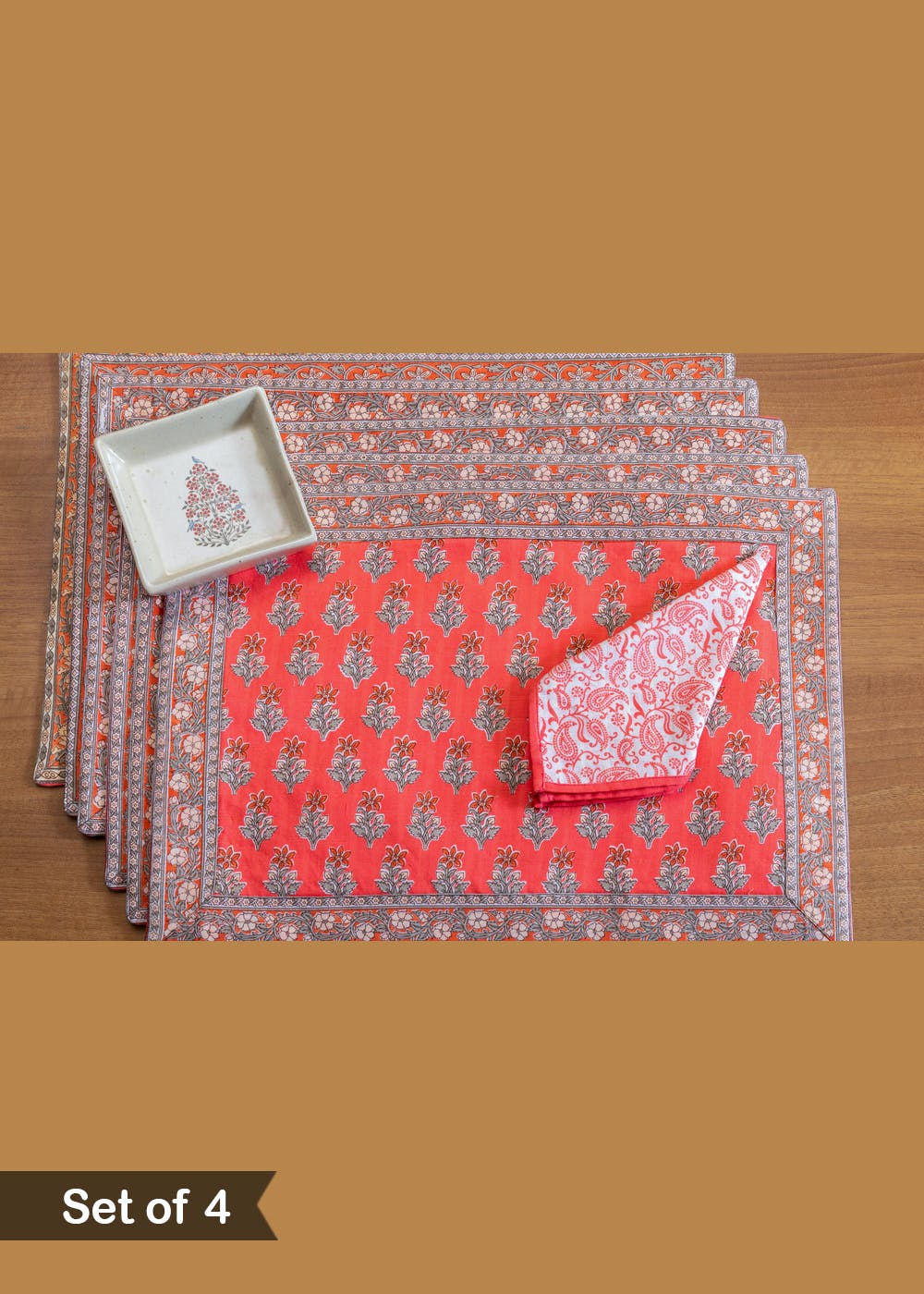 Get Block Printed Cotton Table Mats With Napkins Pink Set of 4 at