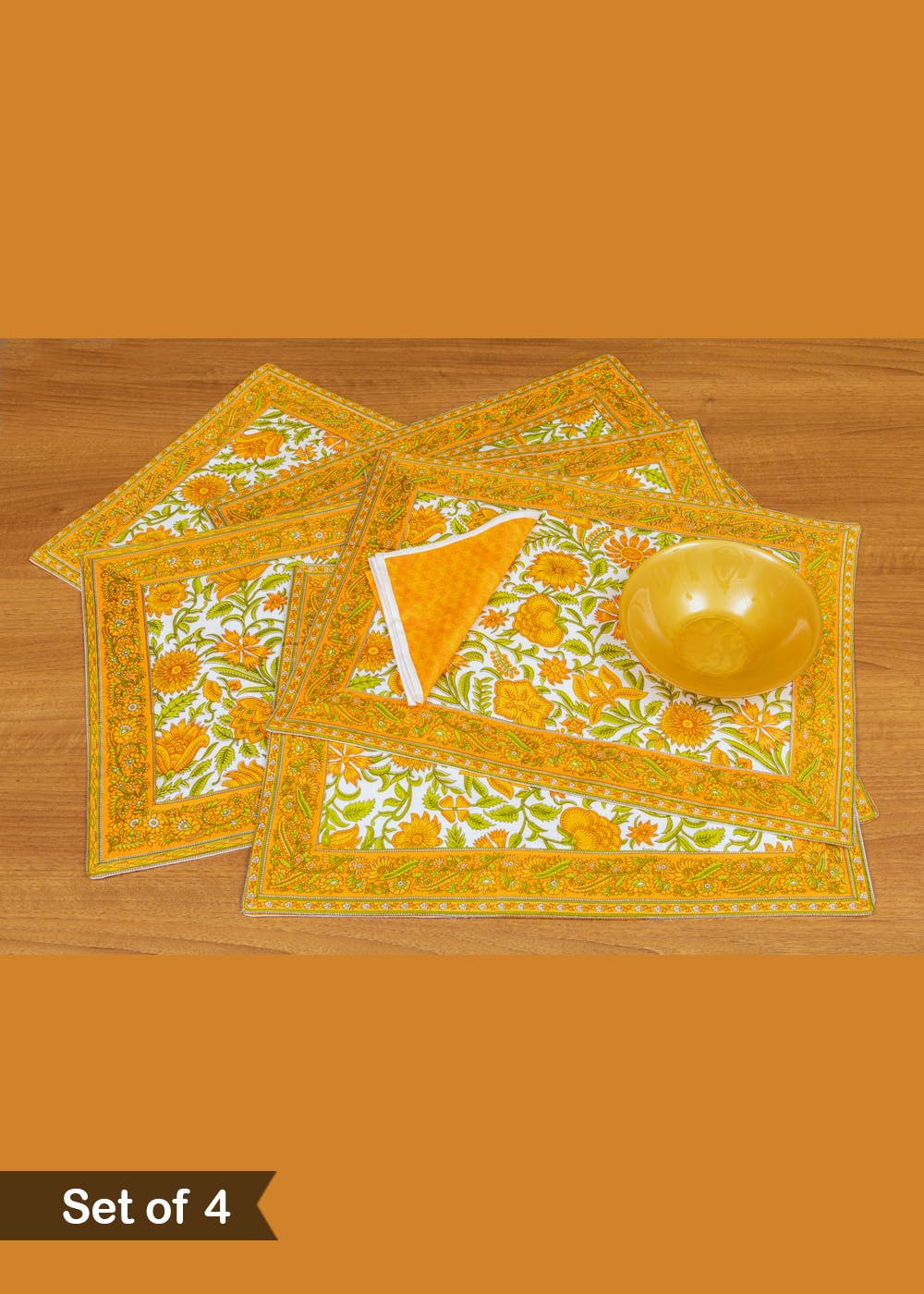 Get Handmade Floral Print Table Mats With Napkins Set Of 4 In Golden