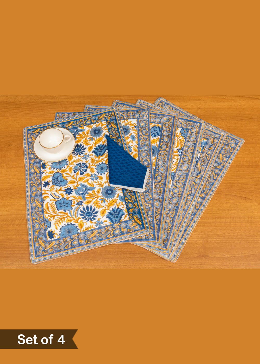 Get Handmade White And Blue Floral Table Mats With Napkins Set Of 4 at