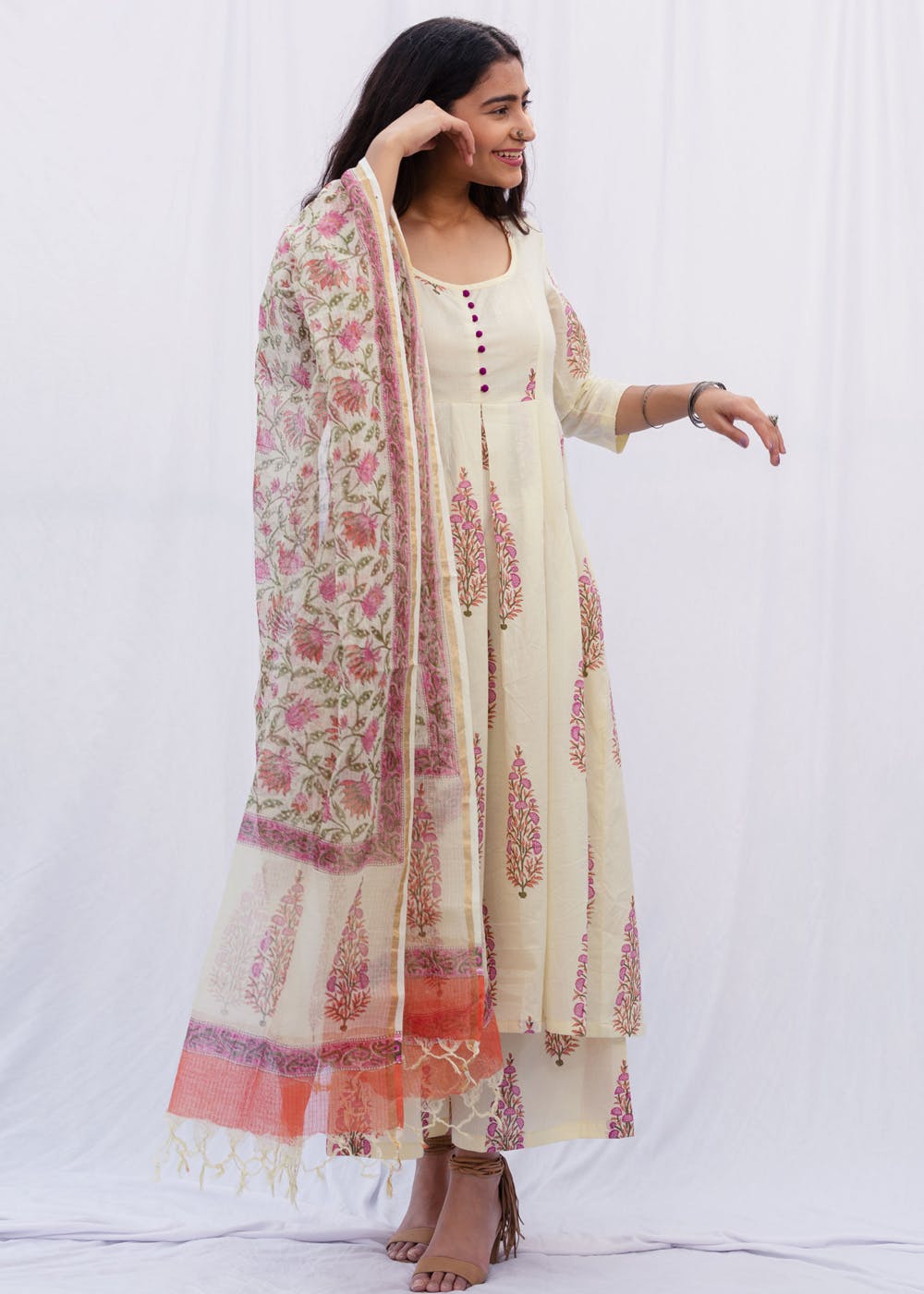 Babyhug Woven Sleeveless Brocade  Kurti Palazzo and Dupatta Set -Fuschia main image 0
