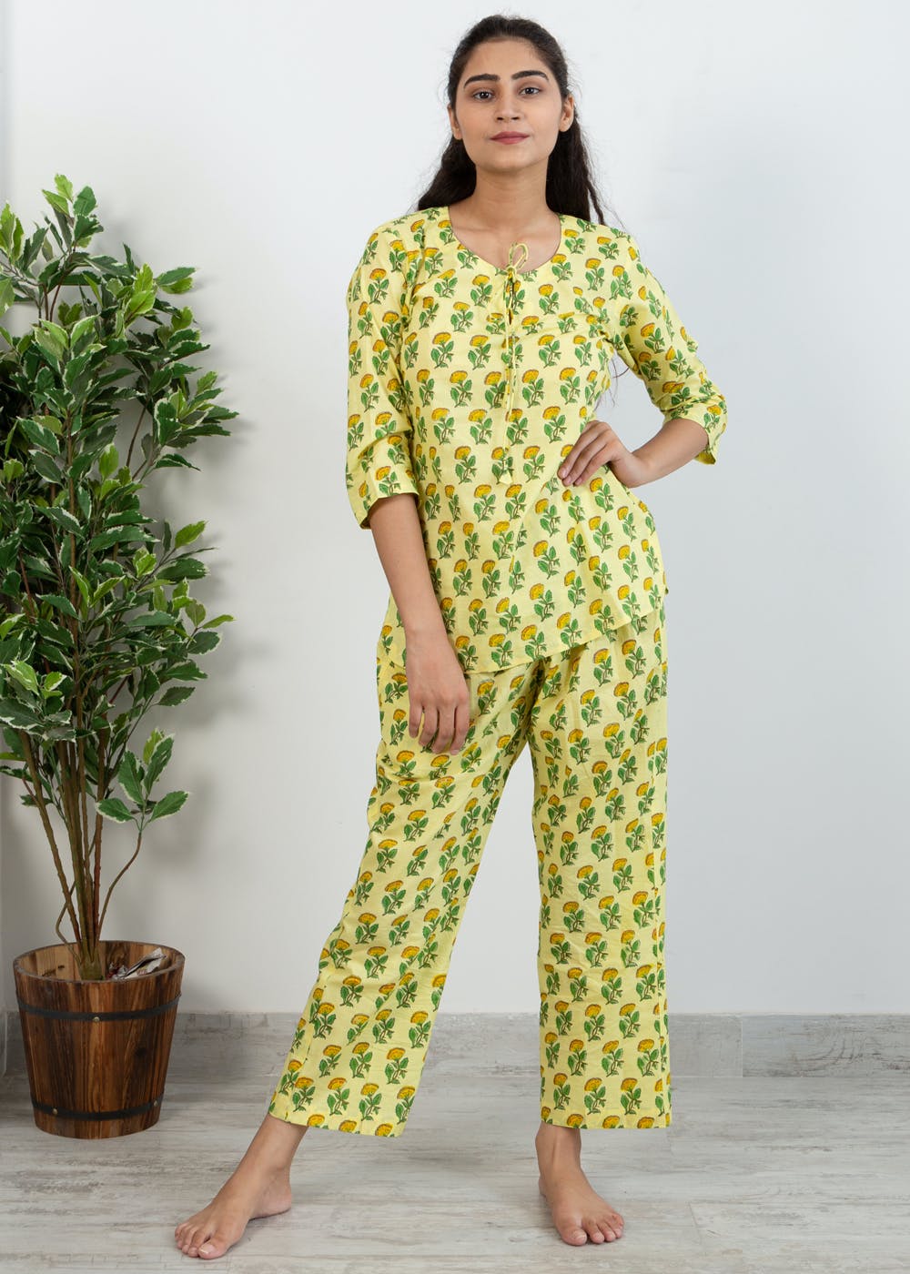 Get Yellow Floral Printed Keyhole Neck Lounge Set at ₹ 1799 | LBB Shop