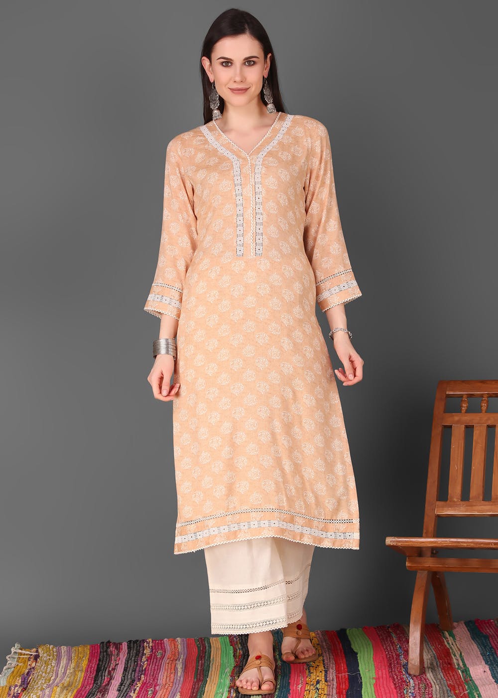 Lace Detail Solid Floral Printed Straight Kurta With Off-White Palazzo Set - Beige